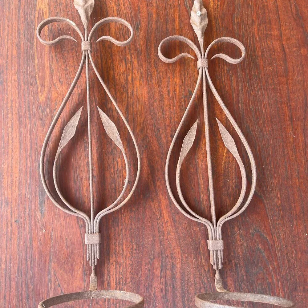 Antique Spanish Handmade Wrought Iron Pot Hanger Wall Sconces Pair 18